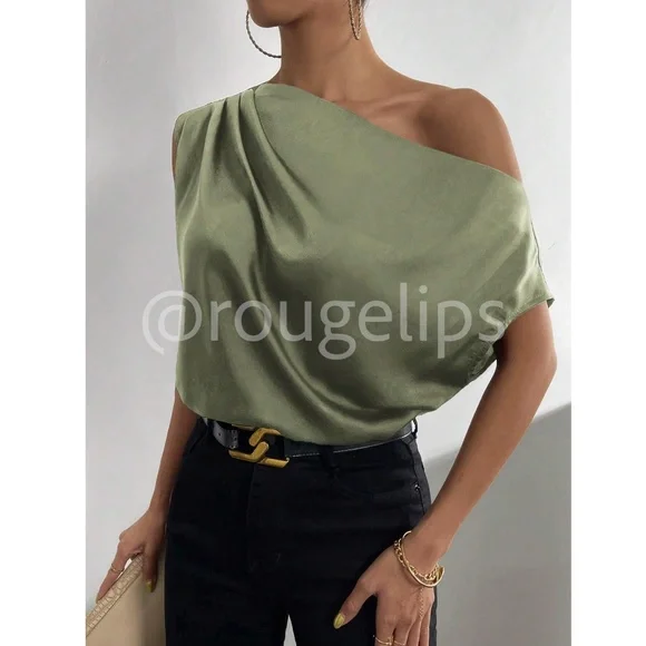 Army Green Satin Draped Asymmetrical Blouse Top Off One Shoulder - Picture 2 of 13